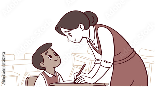Illustration of a teacher helping a student with his work in a classroom setting with desks and chairs