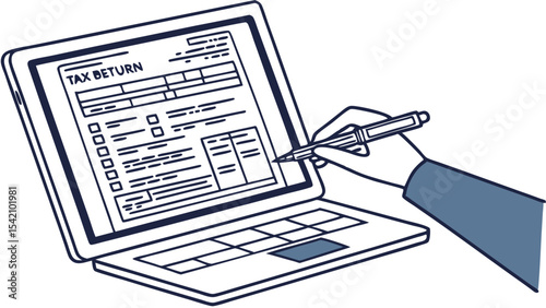 Hand filling out tax return form on laptop screen with pen for financial reporting and compliance process