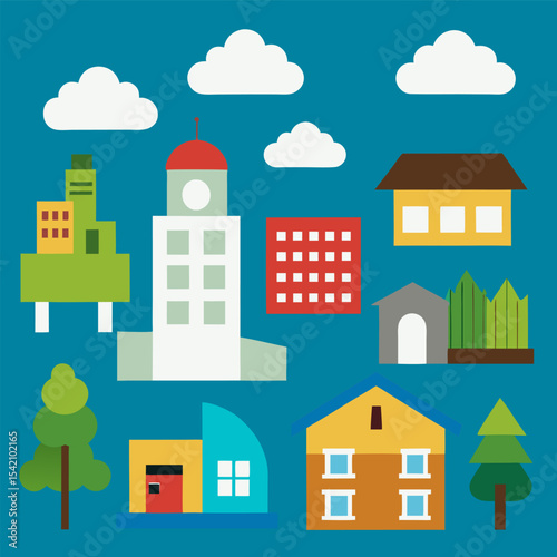 Colorful Cityscape Illustration with Buildings and Houses