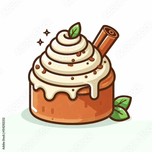 Cartoon cinnamon roll with frosting cinnamon stick leaves and star sparkles