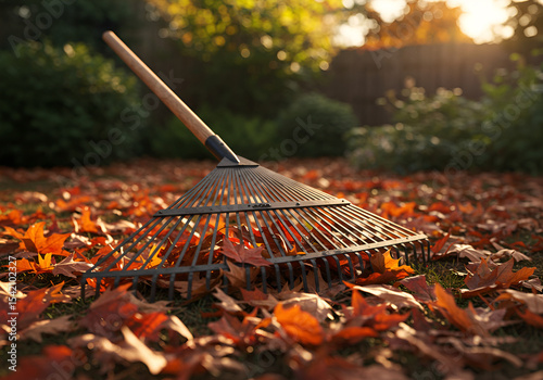 A metal garden rake resting on autumn leaves in a backyard, shot in natural warm lighting with shallow depth of field.