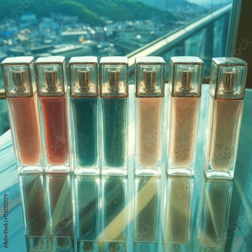 cosmetic startup branding Collection of seven colorful liquid foundation bottles with reflective glass surface and city skyline view through large window beauty influencer marketing strategy