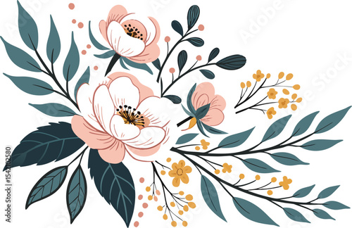 Elegant Floral Arrangement Peach Flowers, Teal Leaves, and Yellow Accents