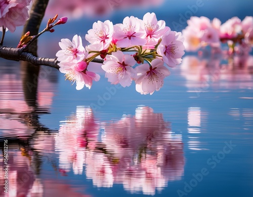 pink cherry blossoms reflect on calm water