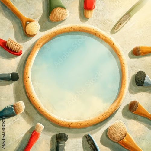 cosmetic startup branding Circular mirror with a variety of cleaning brushes and sponges on beige surface beauty influencer marketing strategy