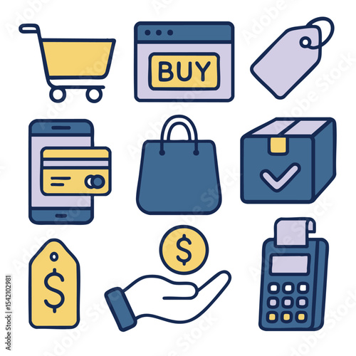 Shopping icons including cart, payment, and tags evoke sense of consumerism and convenience