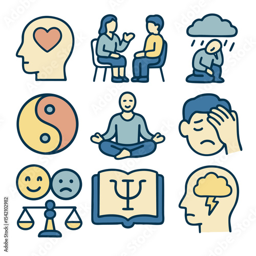 Mental health icons representing therapy, emotions, balance, and mindfulness