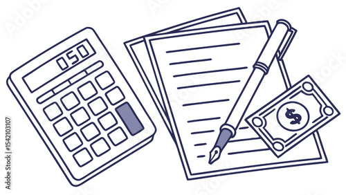 Illustration of a calculator, papers, pen, and dollar bill depicting financial planning and accounting