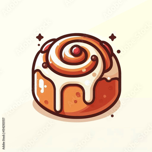 Cartoon cinnamon roll with glaze darkbrown outline and sparkling accents on an offwhite background