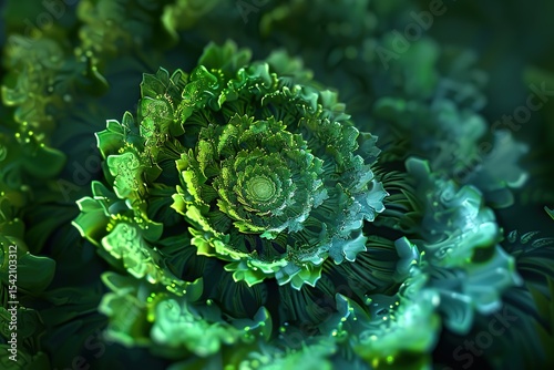 Fractal Plant: An abstract image of a plant with a spiral fractal structure in shades of green