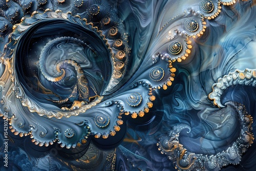 Fractal design with swirling blue and gold elements create an abstract background