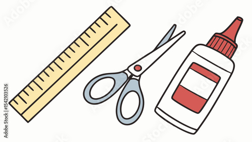 Illustration of a ruler, scissors, and glue bottle for crafting and school supplies on white background