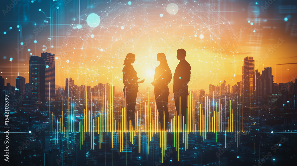 Abstract business team stands on the peak of success amid tall, innovative Smart city and graphs with statistics to analyze business potential and predict future developments in company growth. Abstract business team stands on the peak of success amid tall, innovative Smart city and graphs with statistics to analyze business potential and predict future developments in company growth.