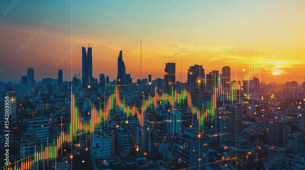 Fototapeta premium Abstract business team stands on the peak of success amid tall, innovative Smart city and graphs with statistics to analyze business potential and predict future developments in company growth.