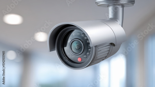 Surveillance action closeup of security camera lens in institutional environment for monitoring control
