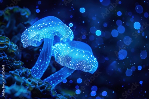 Glowing Mushrooms: Two fungi illuminate a dark mystical scene with bright blue light