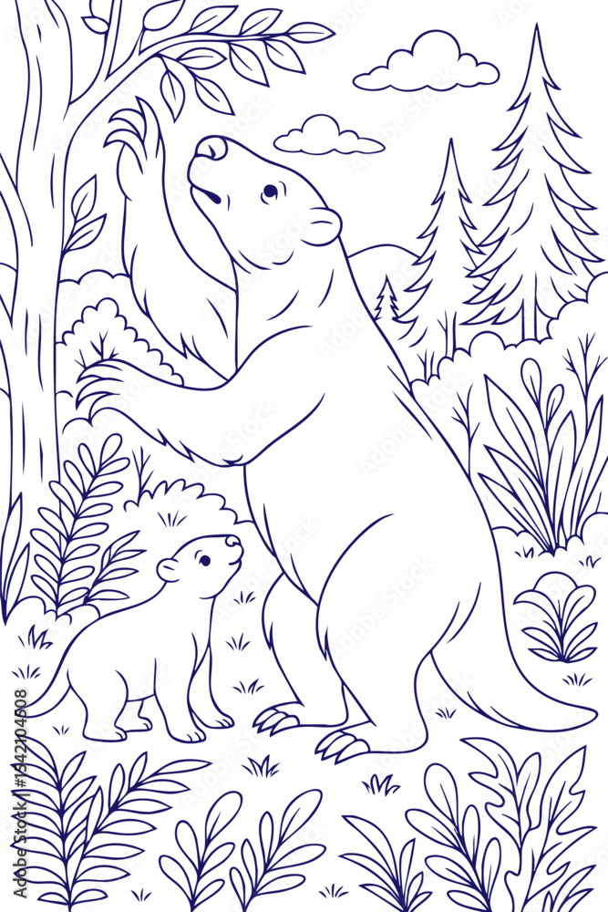Obraz premium Prehistoric ground sloths foraging in forest illustration