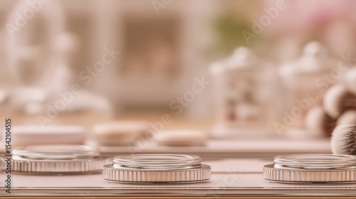 cosmetic startup branding Close-up of stacked coins and makeup brushes on a table with blurred background beauty influencer marketing strategy