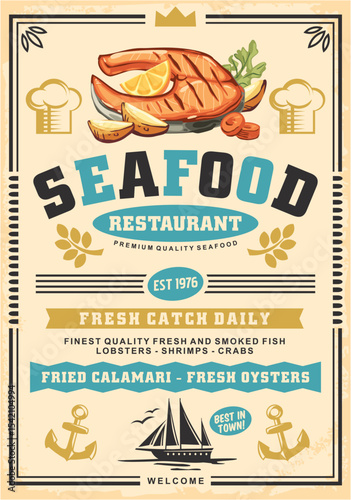 Seafood poster menu with grilled salmon steak. Fish, oysters and lobsters retro advertisements. Bistro sign vector illustration.