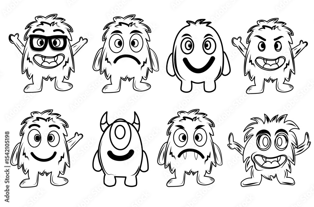 Obraz premium A collection of black and white monster icons with various expressions and shapes. Ideal for user interfaces, stickers, or design materials that require expressive characters yet remain minimalist 