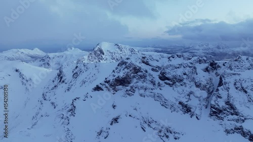 Breathtaking Aerial View of Majestic Snowy Mountain Peaks During Dusk and Twilight
