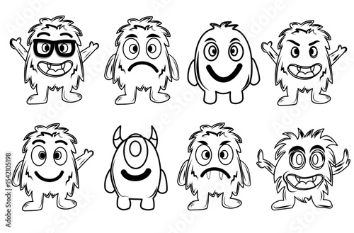 A collection of black and white monster icons with various expressions and shapes. Ideal for user interfaces, stickers, or design materials that require expressive characters yet remain minimalist 
