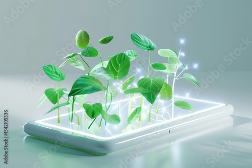 Green shoots emerge from a glowing tablet symbolizing technology and nature's growth