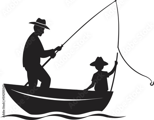 A collection of stylized illustration depicting fish in a lake environment, some with fishing elements, rendered with a clean, graphic aesthetic