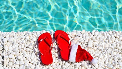 Christmas vacation concept red flip flops and santa hat by the pool