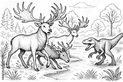 Deer fleeing from dinosaur in prehistoric forest sketch