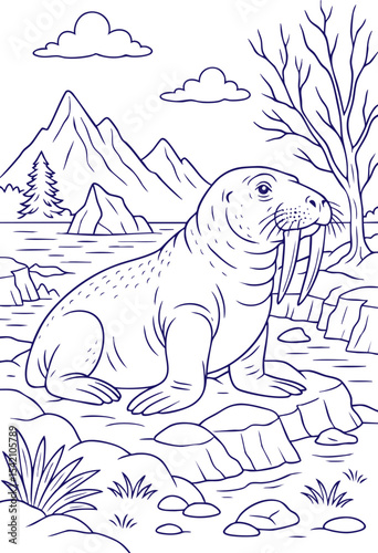 Walrus resting on rocky shore in mountain landscape sketch