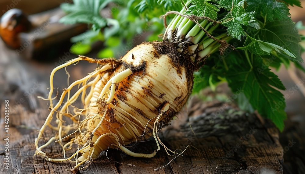 Fototapeta premium Freshly pulled parsnips with tangled roots on rustic wooden surface for botanical study with copy space