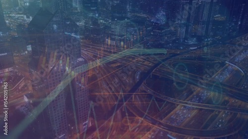 image of data processing over cityscape. global business, digital interface, connections and digital interface concept digitally generated image.