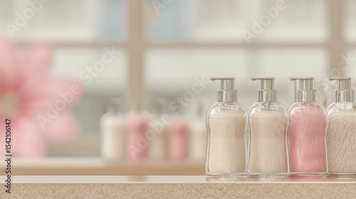 cosmetic startup branding Close-up of four transparent soap dispensers filled with cream pink and white liquids on a bathroom shelf with blurred background beauty influencer marketing strategy