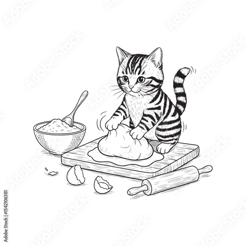 Cute kitten sips tea from a cup, a playful mouse nearby, an isolated vector cartoon illustration