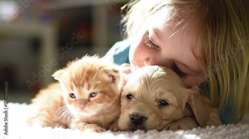 Sleeping kitten and puppy cuddled with blonde child. Peaceful moment of child and pets resting together. Orange tabby and light dog napping with toddler.