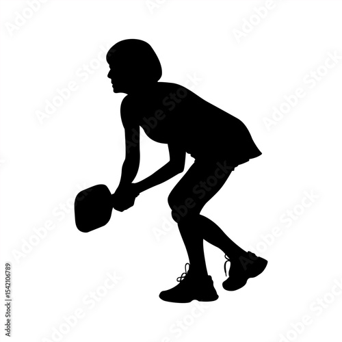 Female Pickleball Player Ready Position Silhouette, Focused Woman in Pickleball Defensive Stance Vector Art