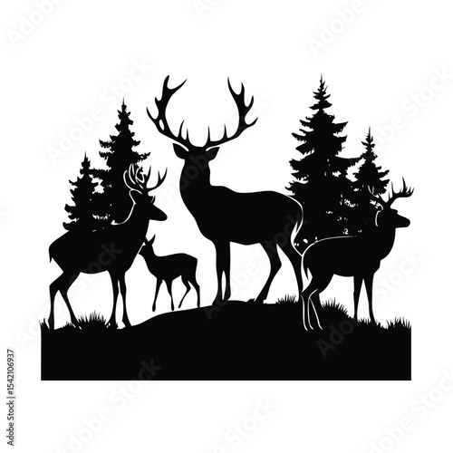 Deer Family Silhouette Scene, Four deer in forest with leading stag silhouette vector illustration, wild animal nature graphic art