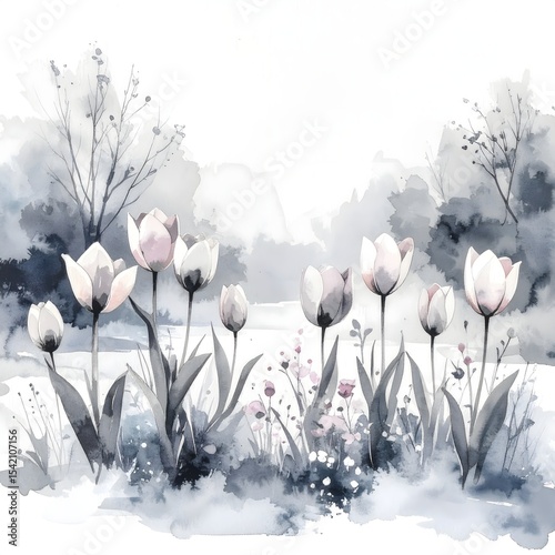 Whimsical watercolor painting featuring endless colorful tulips in a playful artistic style