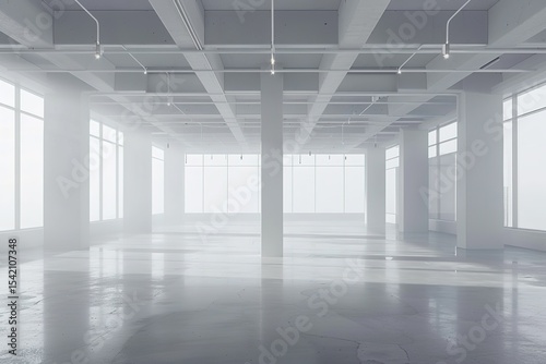 Minimalist white open space with concrete floor and pillars flooded with soft light