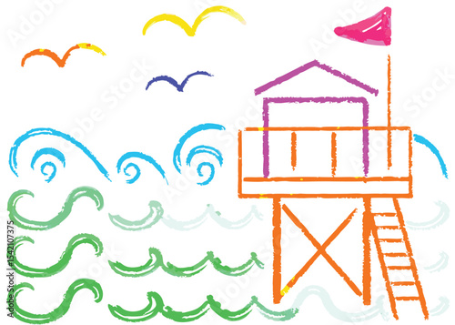 A vibrant cartoon house building with a roof and door design sits on the beach, bathed in sun with a clear sky, embodying coastal property architecture