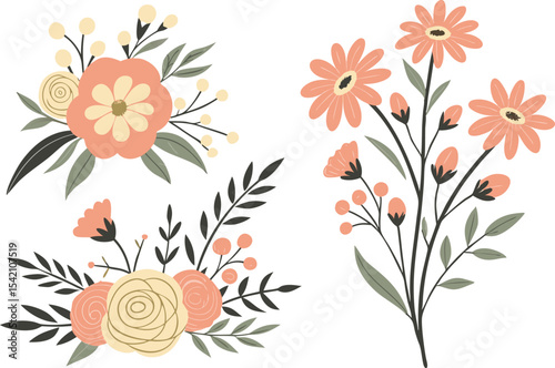 Floral bouquets with pink flowers and green leaves on a transparent background
