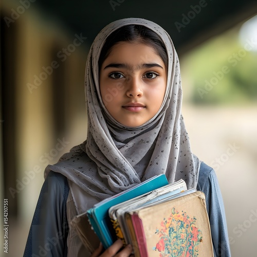 Young Arab Schoolgirl in Headscarf Holding Books Outside Building
