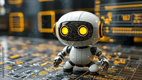 Cautious robot stands on digital grid
