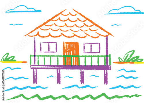 Whimsical cartoon house designs including a heart-shaped home, a cottage nestled in a winter forest, and an estate among the clouds in the sky, featuring diverse architecture and landscape elements