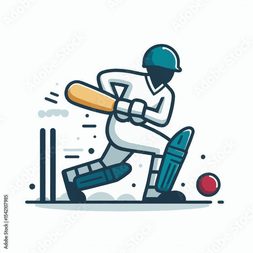 Cartoon cricket player batting with helmet pads bat stumps and ball in a stylized drawing