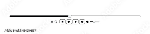 Music or video playback interface panel icon, play, rewind, pause buttons sound.