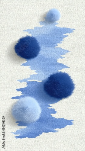 Soft Blue Ink Stains and Fluffy Balls on Cotton Texture