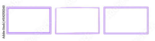 Violet purple neon set of rectangle shape frames. Vivid glowing lavender border isolated on transparent background. Shine glow light electric purple neon sign Banner, Mockup, presentation element, PNG