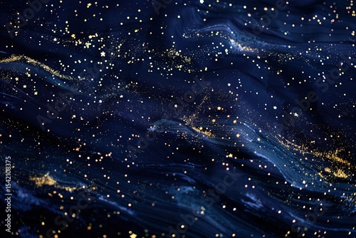 Mystical night sky with sparkling stars and swirling abstract shapes in midnight blue